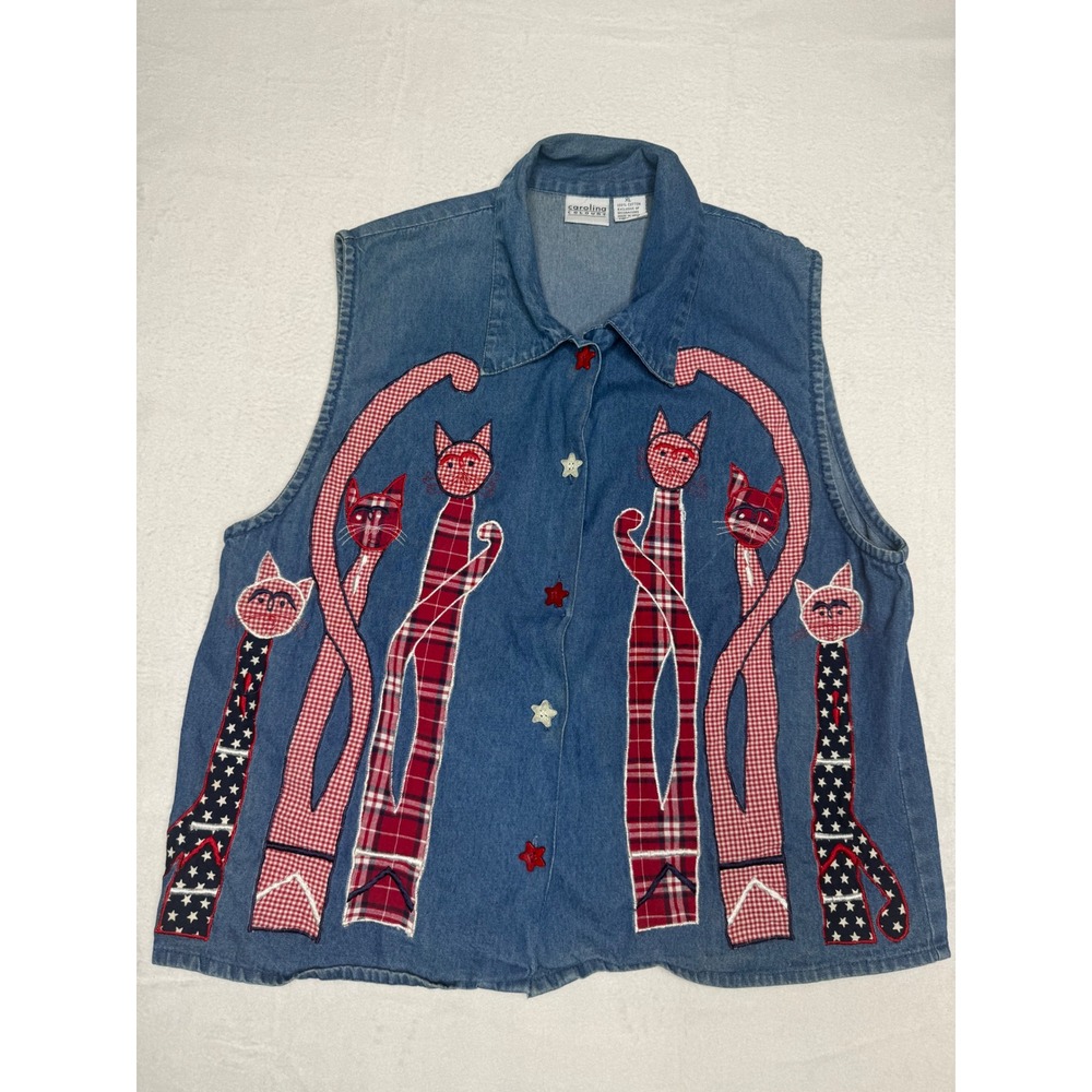 VTG Carolina Colors Womens Denim Vest Applique Cats Patriotic Red White Blue XL